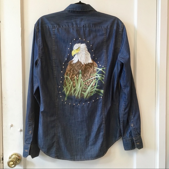 Kahlistyle Tops - Hand painted eagle denim shirt
